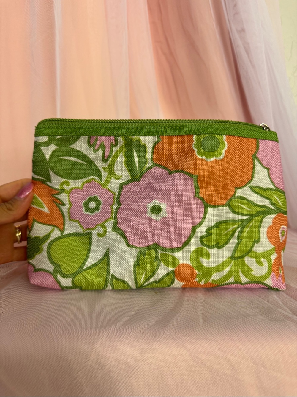 🌟🇺🇸Clinique Floral Print Zip Makeup Bag Pouch Green Orange Pink White Fabric
